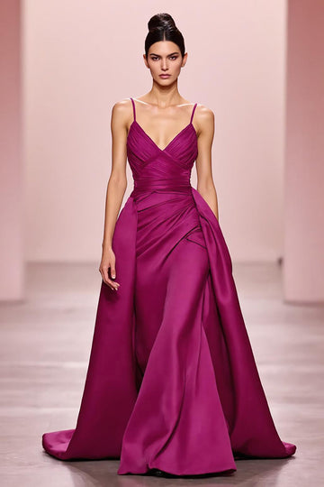 Plum Satin A Line Ruched Spaghetti Straps Long Formal Dress